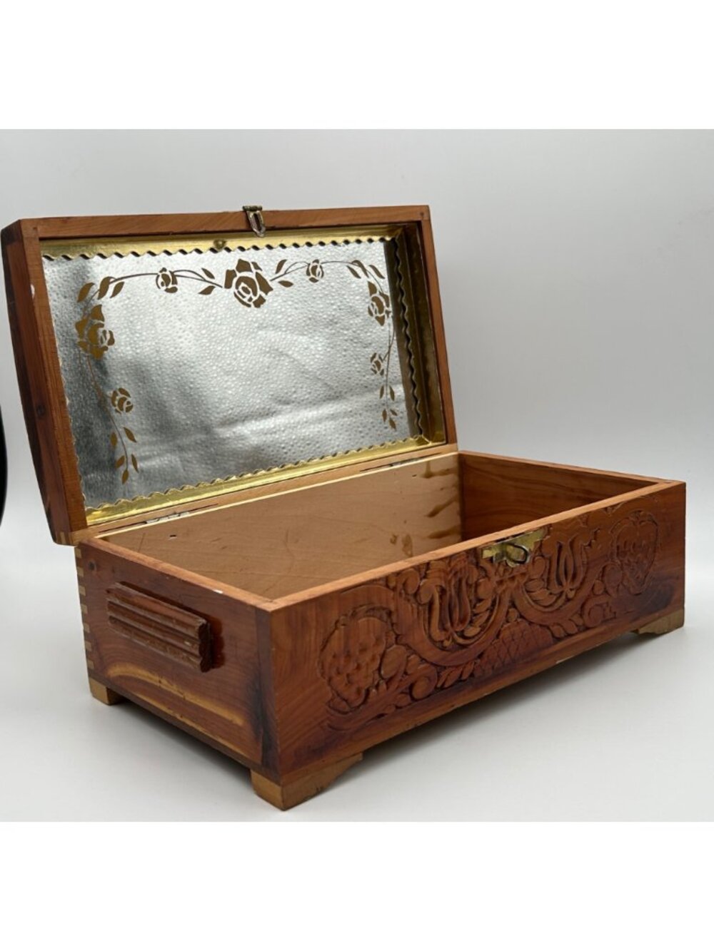 Vintage Handcrafted Wooden Jewelry Keepsake Box Treasure Chest Interior Mirror - Picture 7 of 11